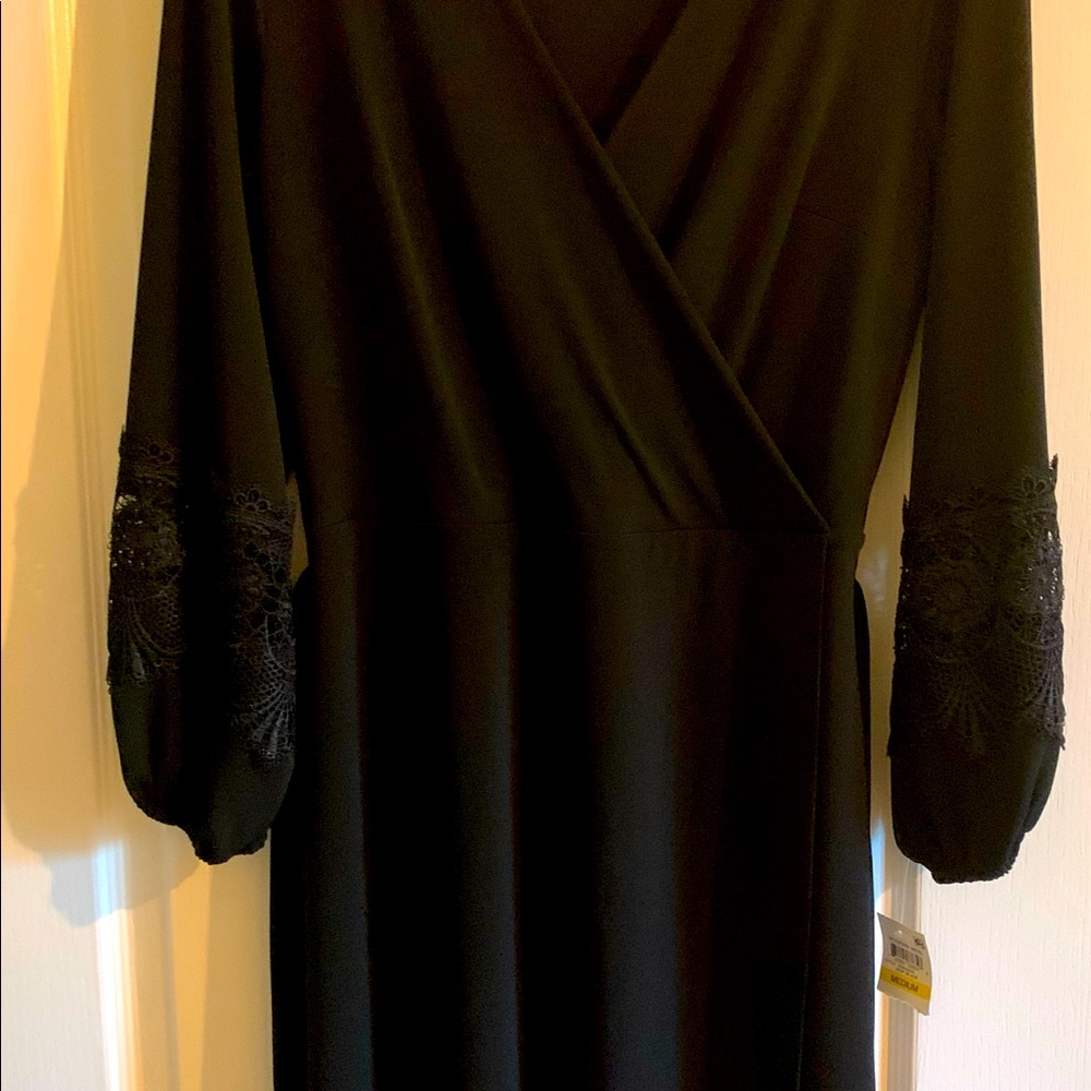 Black faux-wrap dress with Lacey bell sleeve